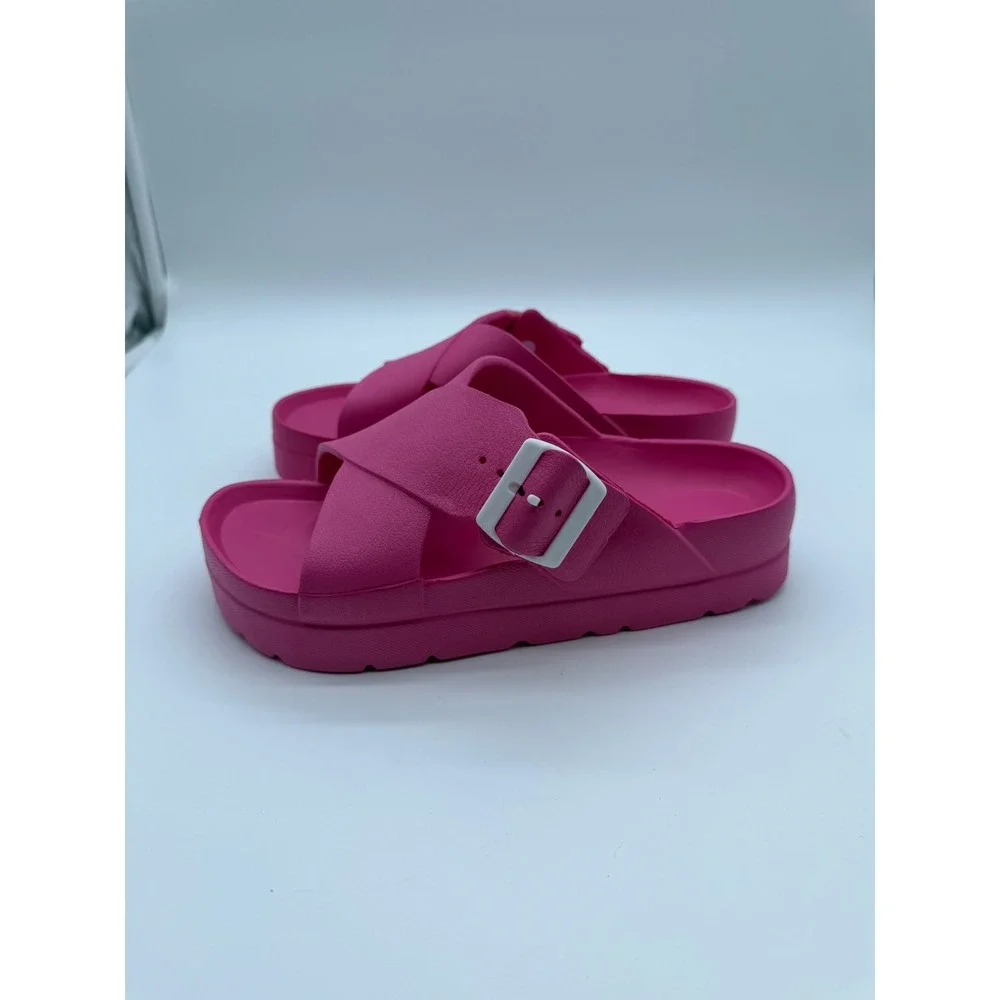 Hot Pink Platform Slide Sandals Buckle EVA Molded Shoes Womens Size 6